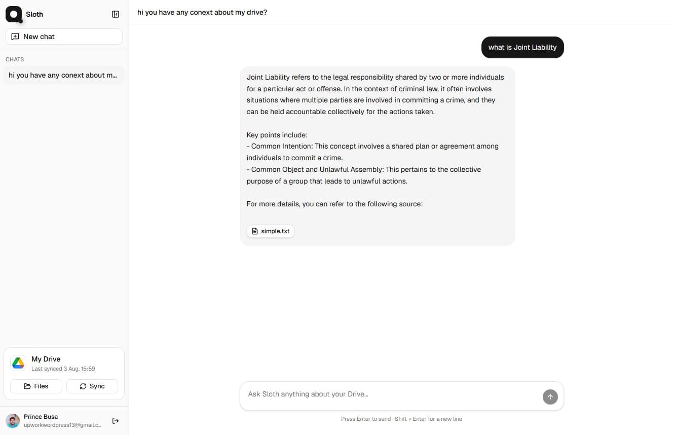 Sloth dashboard — chat with your Google Drive files